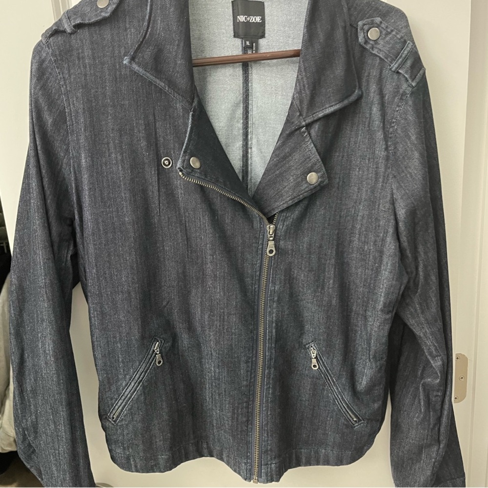 NIC+ZOE Blue Jean Jacket with Moto Style and Asymmetrical Zipper